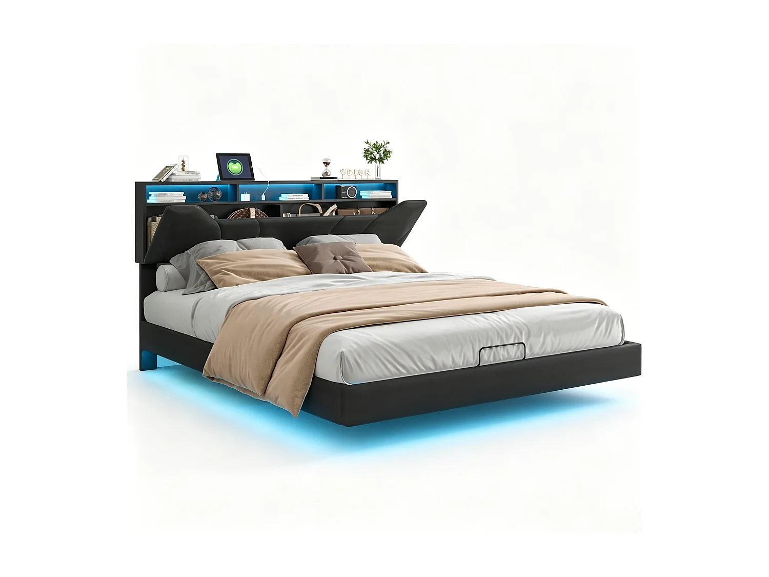 Gestoffeerd bed 160x200cm - tweepersoonsbedframe met gasveren en lattenbodem - bed met LED-lichtbalk - zwart