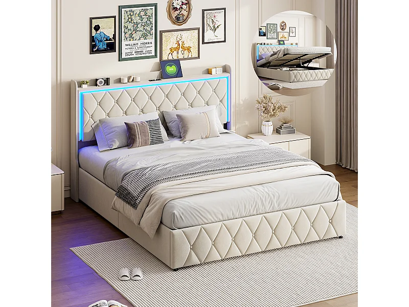 Lit double 140 x 190 cm avec barre LED - lit coffre avec port de charge&avec rangement - velours - beige