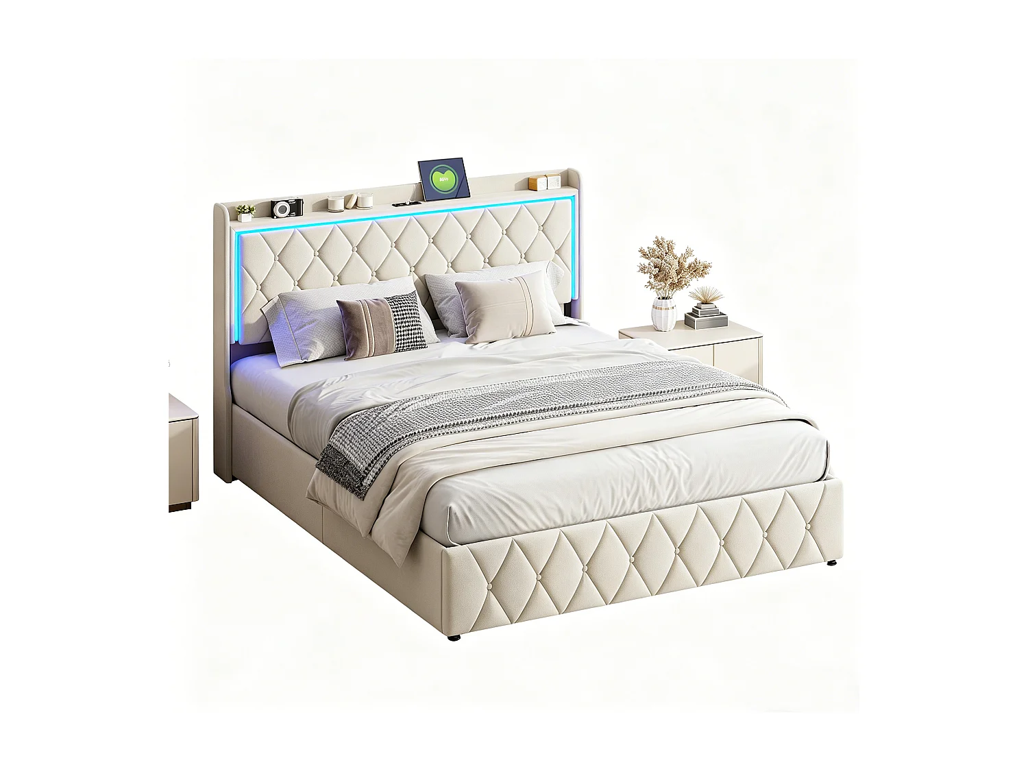 Lit double 140 x 190 cm avec barre LED - lit coffre avec port de charge&avec rangement - velours - beige