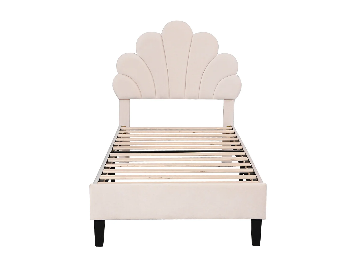 Eenpersoonsbed van 90x200 cm - met bloemenhoofdbord en lattenbodem - fluweel - beige