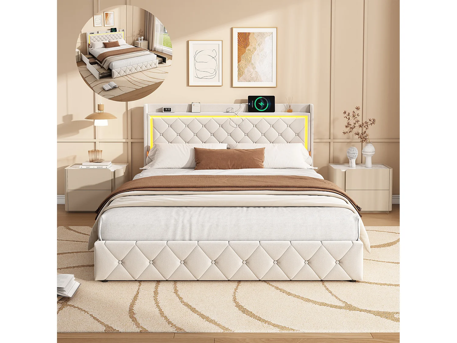 Lit double 140 x 200 cm avec éclairage LED-4 tiroirs et port USB-velours-beige
