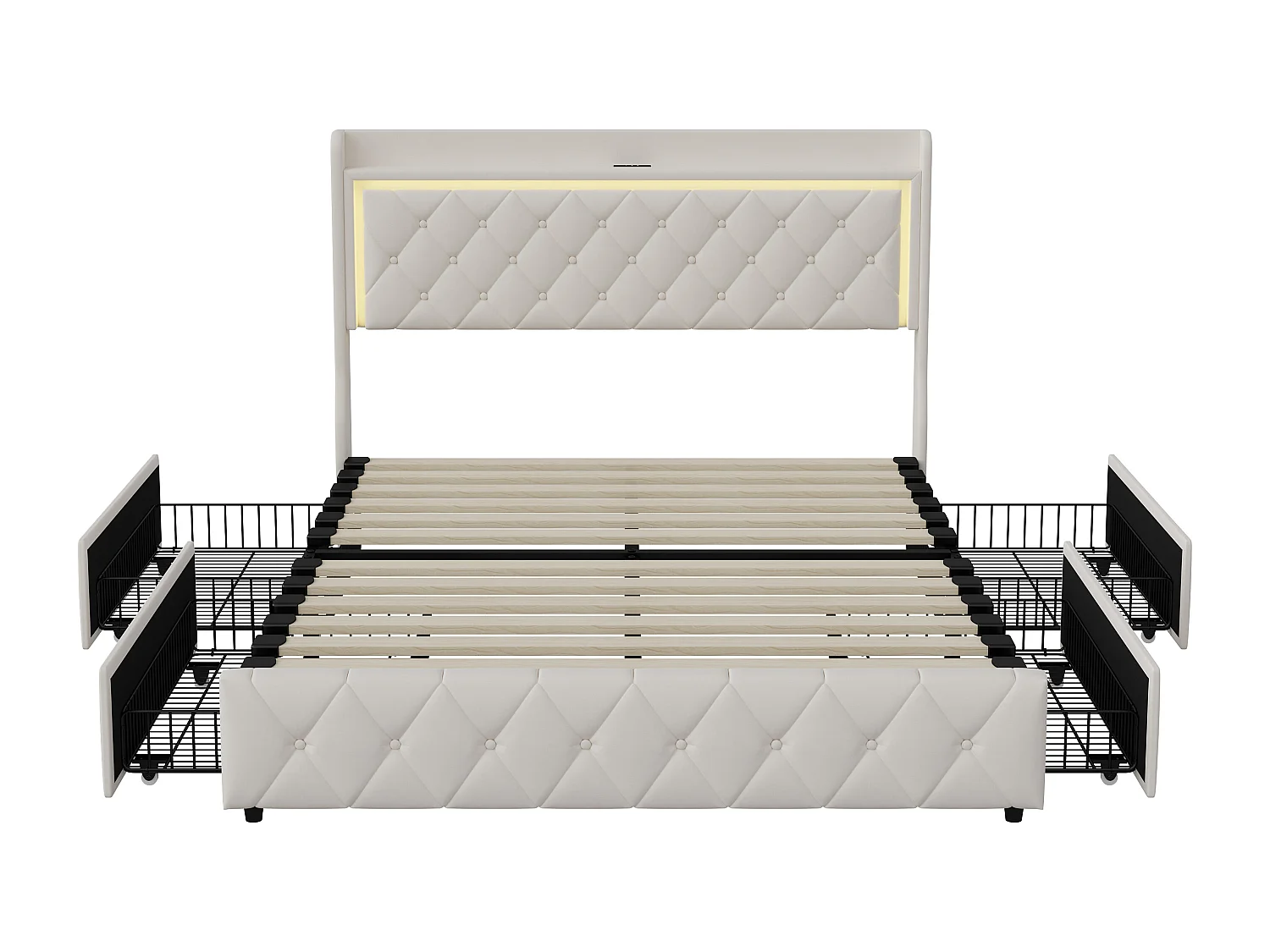 Lit double 140 x 200 cm avec éclairage LED-4 tiroirs et port USB-velours-beige