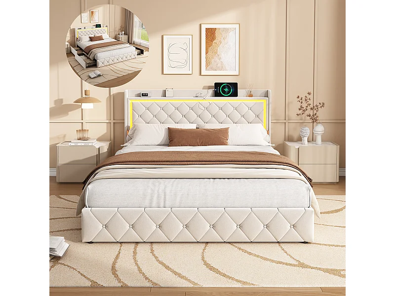 Lit double 140 x 200 cm avec éclairage LED-4 tiroirs et port USB-velours-beige
