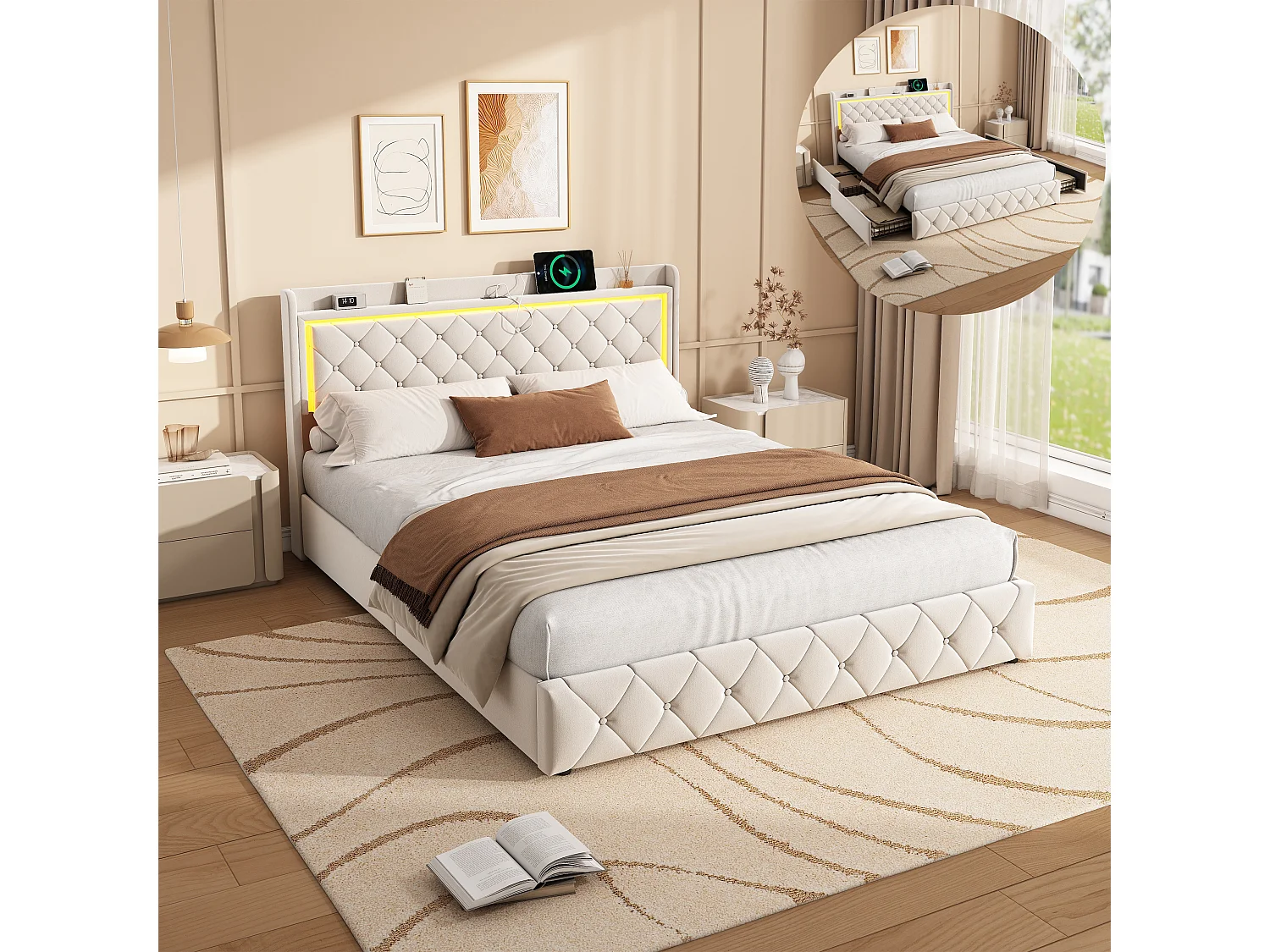 Lit double 160 x 200 cm avec éclairage LED-4 tiroirs et port USB-velours-beige