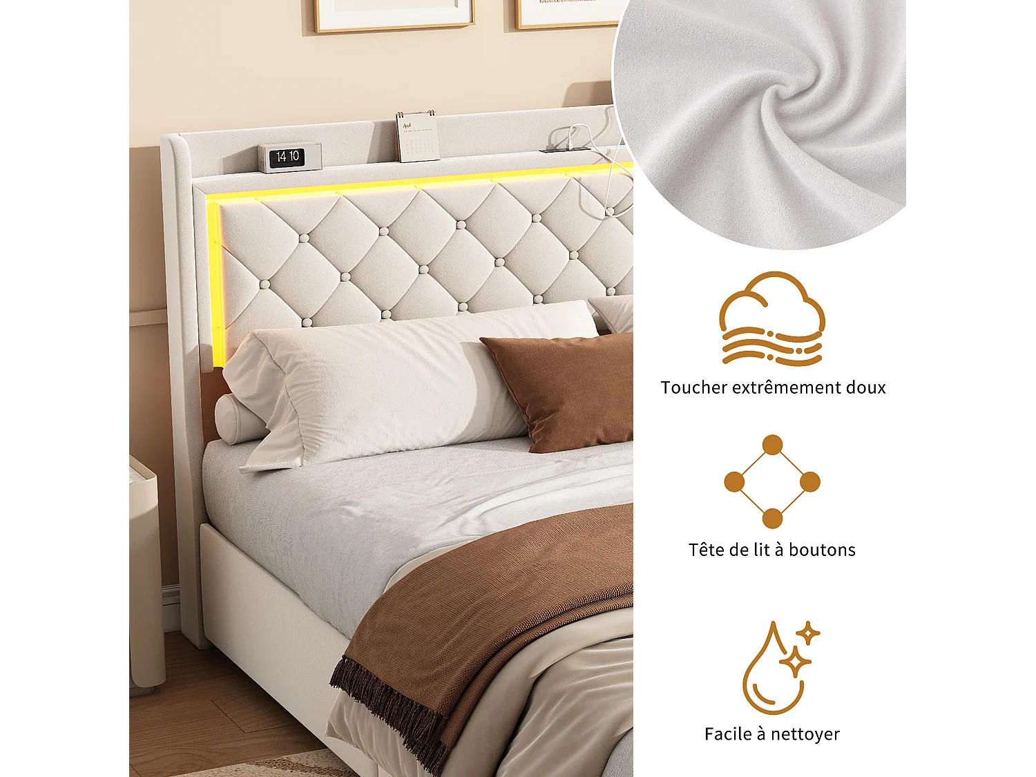 Cama de matrimonio 140x190 cm con iluminación LED, 4 cajones y puerto USB, terciopelo beige