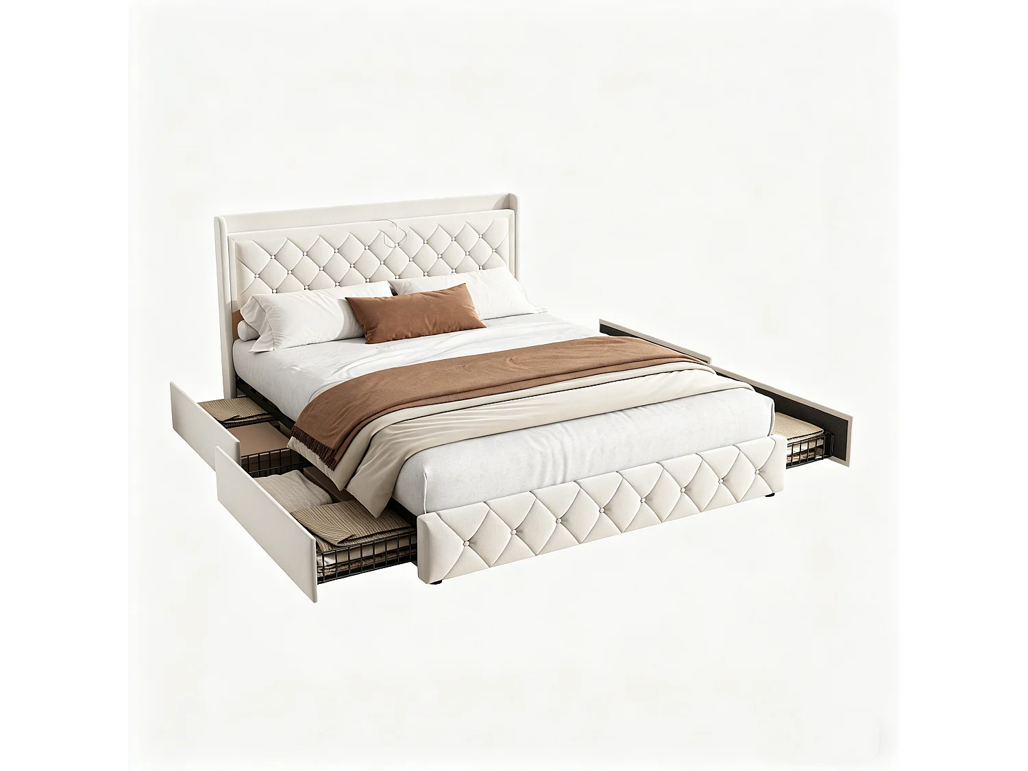 Cama de matrimonio 140x190 cm con iluminación LED, 4 cajones y puerto USB, terciopelo beige