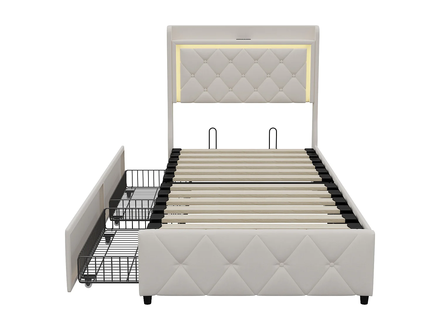 Lit simple 90 x 200 cm avec éclairage LED-2 tiroirs et port USB-velours-beige