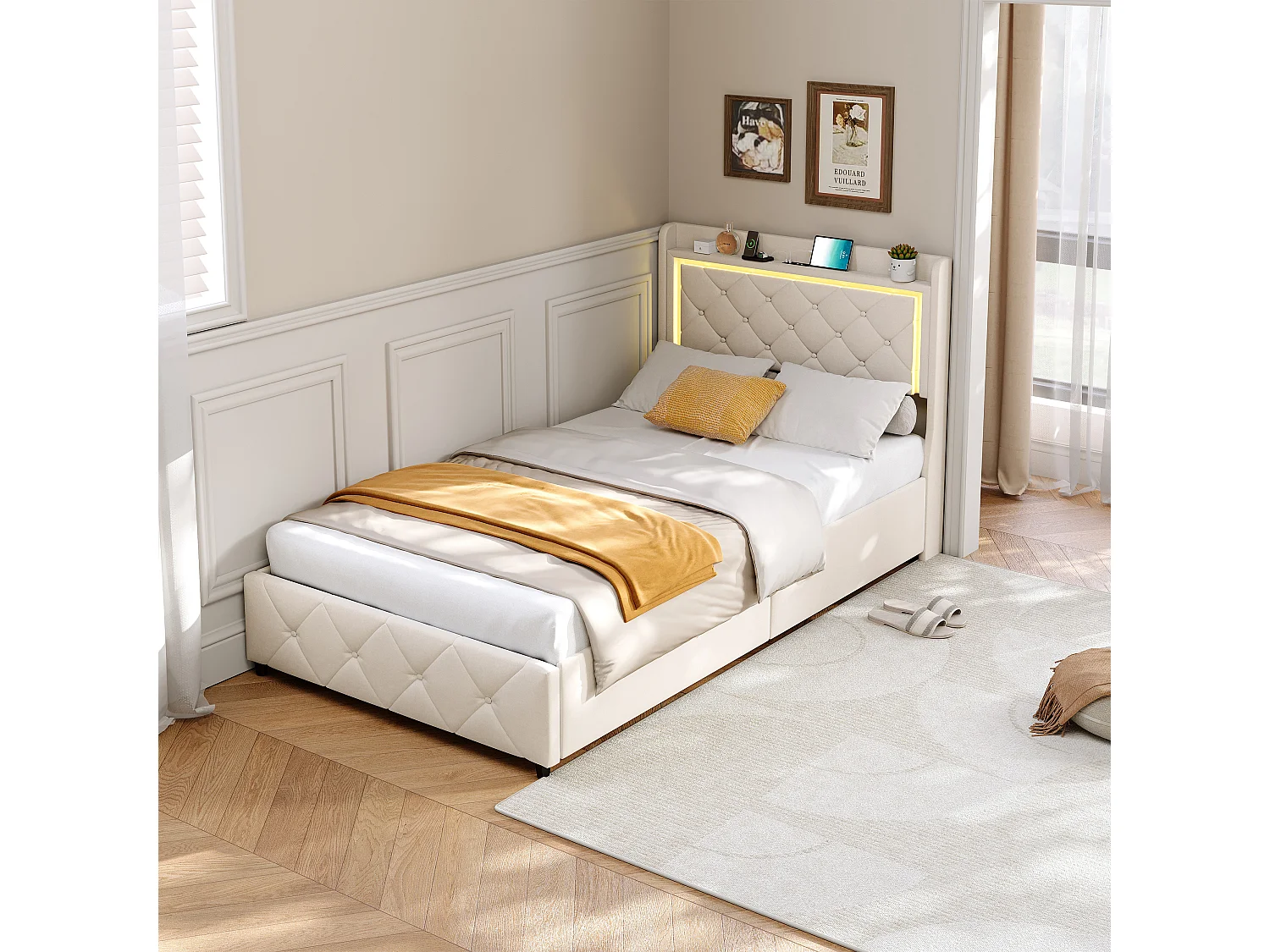 Cama individual 90 x 200 cm com iluminação LED - 2 gavetas e porta USB - veludo - bege