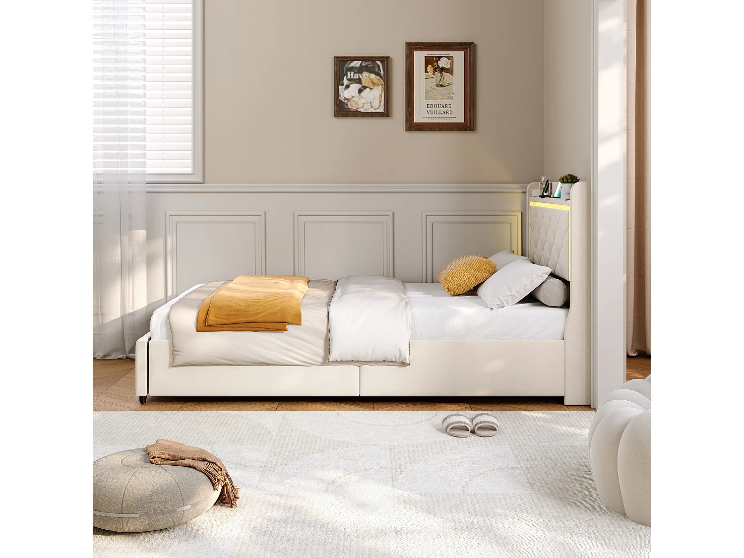 Cama individual 90 x 200 cm com iluminação LED - 2 gavetas e porta USB - veludo - bege