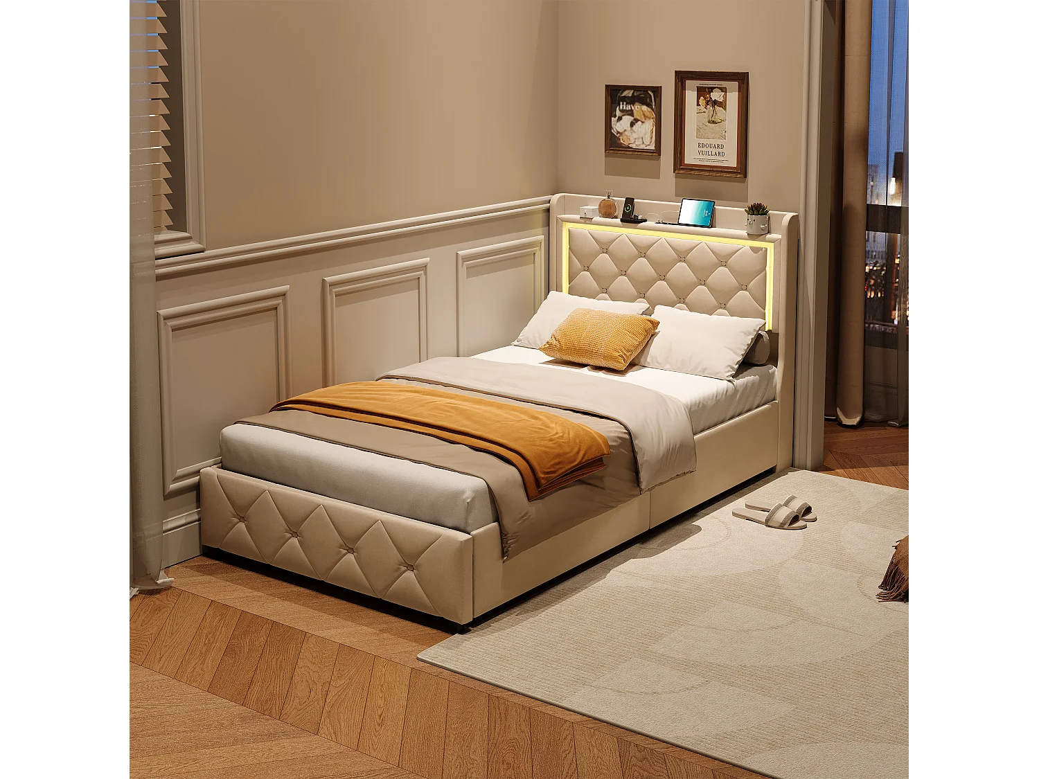 Cama individual 90 x 200 cm com iluminação LED - 2 gavetas e porta USB - veludo - bege