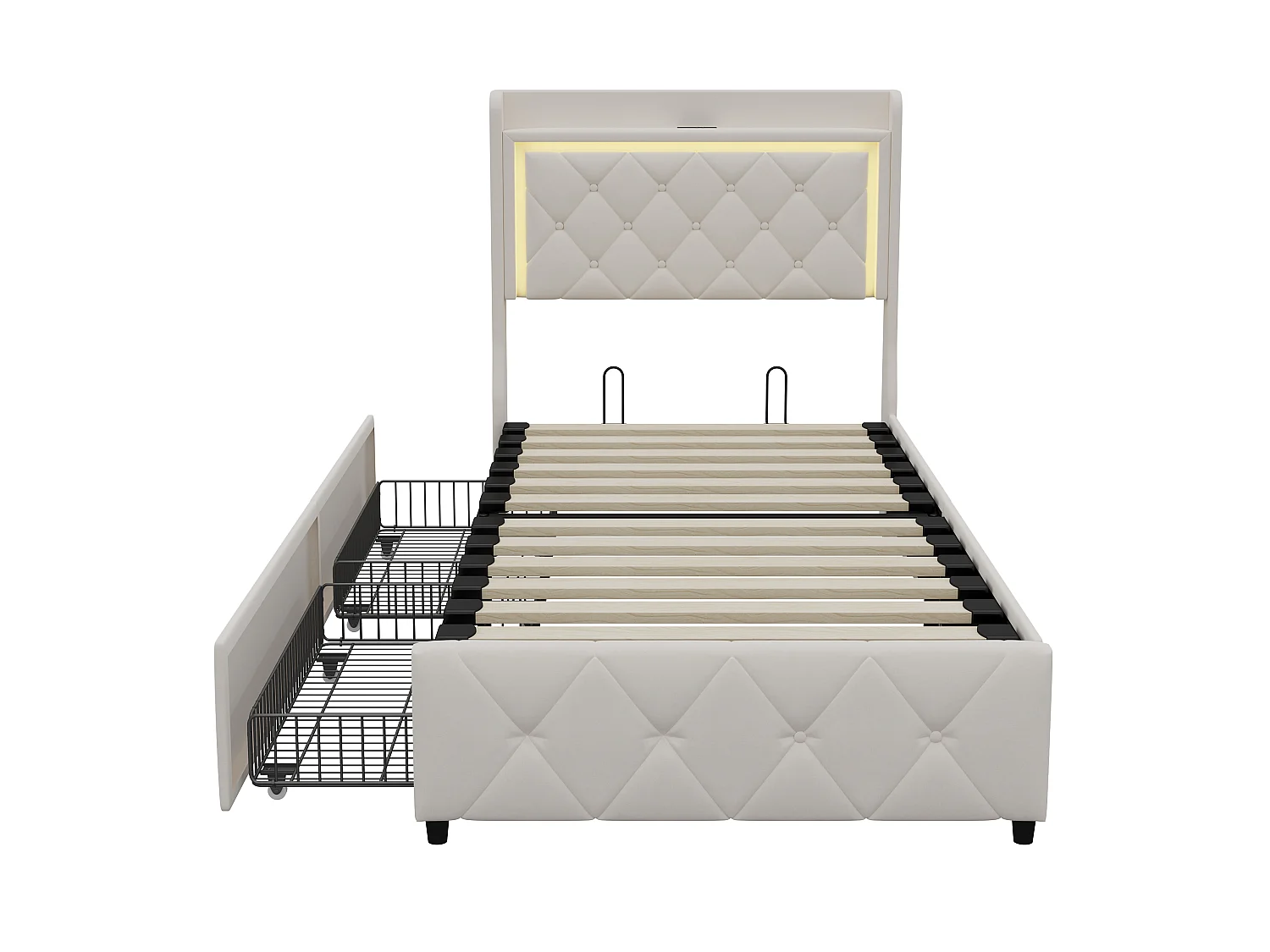 Cama individual 90 x 200 cm com iluminação LED - 2 gavetas e porta USB - veludo - bege