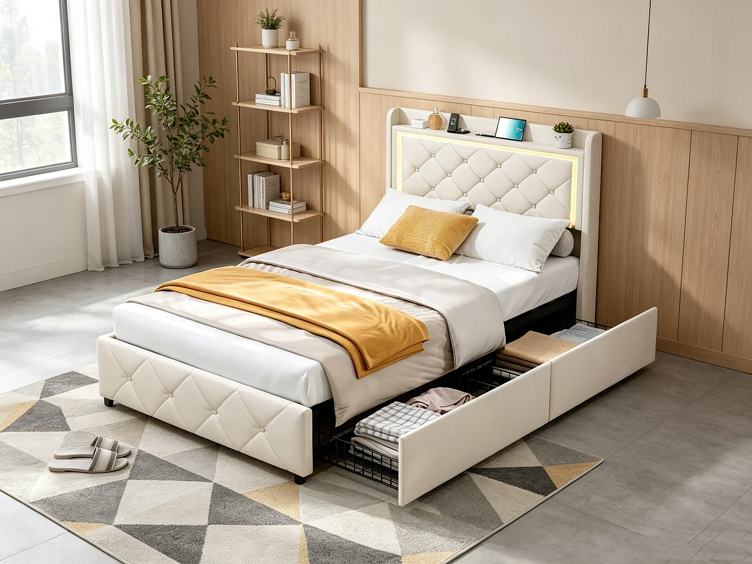 Cama individual 90 x 200 cm com iluminação LED - 2 gavetas e porta USB - veludo - bege