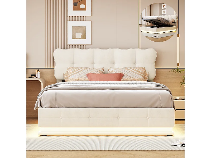 Lit double 160 x 200 cm-avec bande LED et fonction de rangement avec ressort à gaz-lit coffre-beige-velours