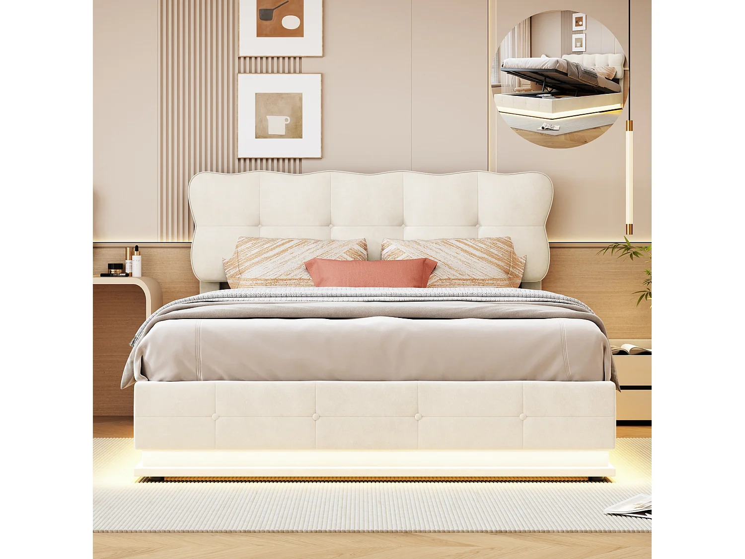 Lit double 160 x 200 cm-avec bande LED et fonction de rangement avec ressort à gaz-lit coffre-beige-velours