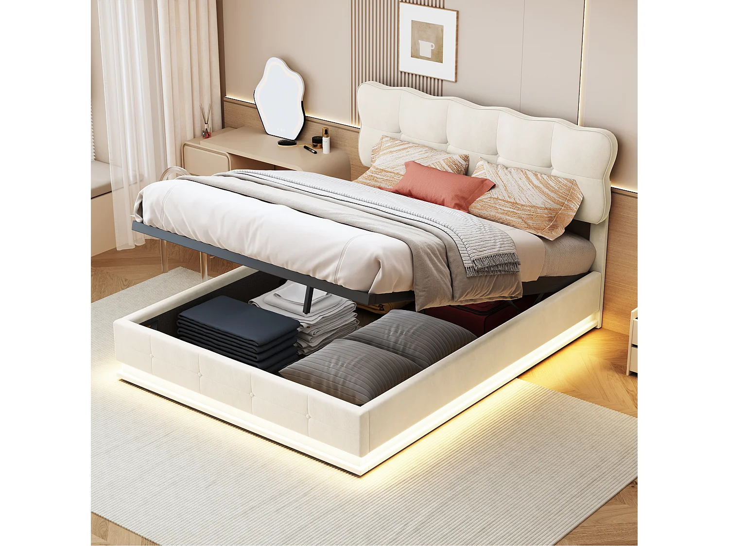 Tweepersoonsbed 160 x 200 cm - met ledstrip en opbergfunctie met gasveer - opbergbed - beige fluweel