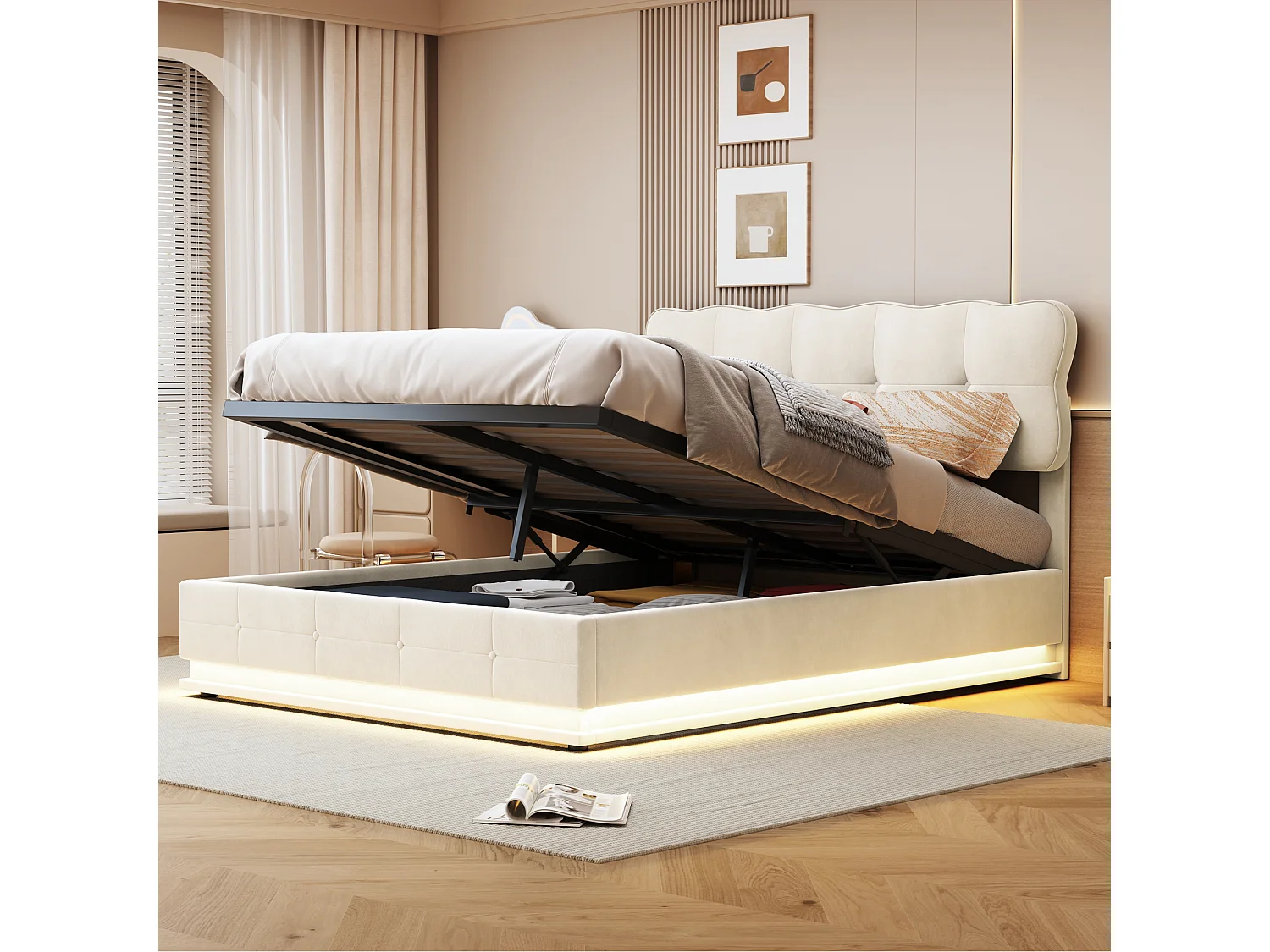 Tweepersoonsbed 160 x 200 cm - met ledstrip en opbergfunctie met gasveer - opbergbed - beige fluweel