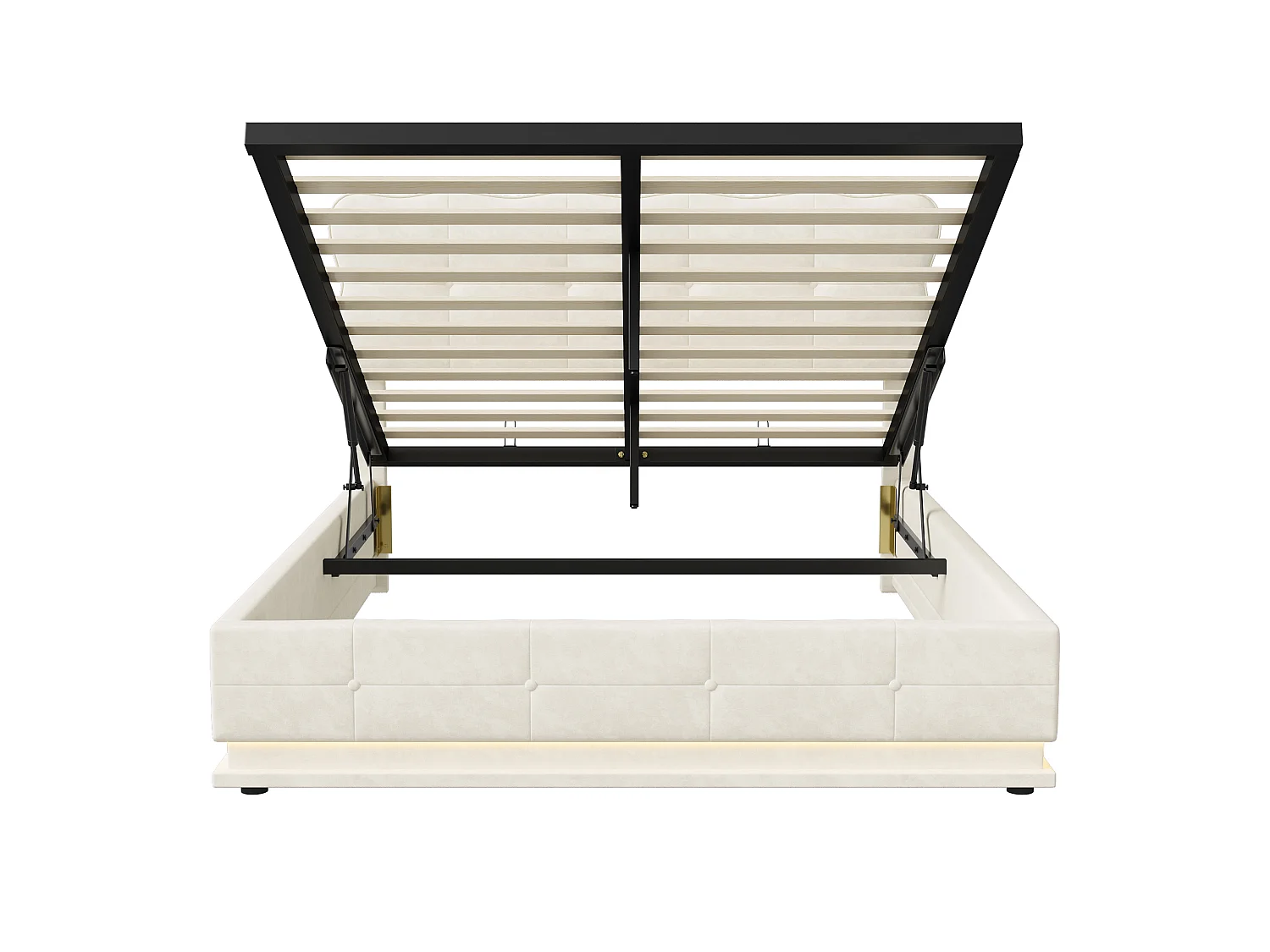 Tweepersoonsbed 160 x 200 cm - met ledstrip en opbergfunctie met gasveer - opbergbed - beige fluweel