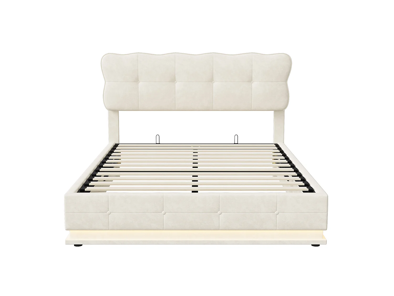 Tweepersoonsbed 160 x 200 cm - met ledstrip en opbergfunctie met gasveer - opbergbed - beige fluweel