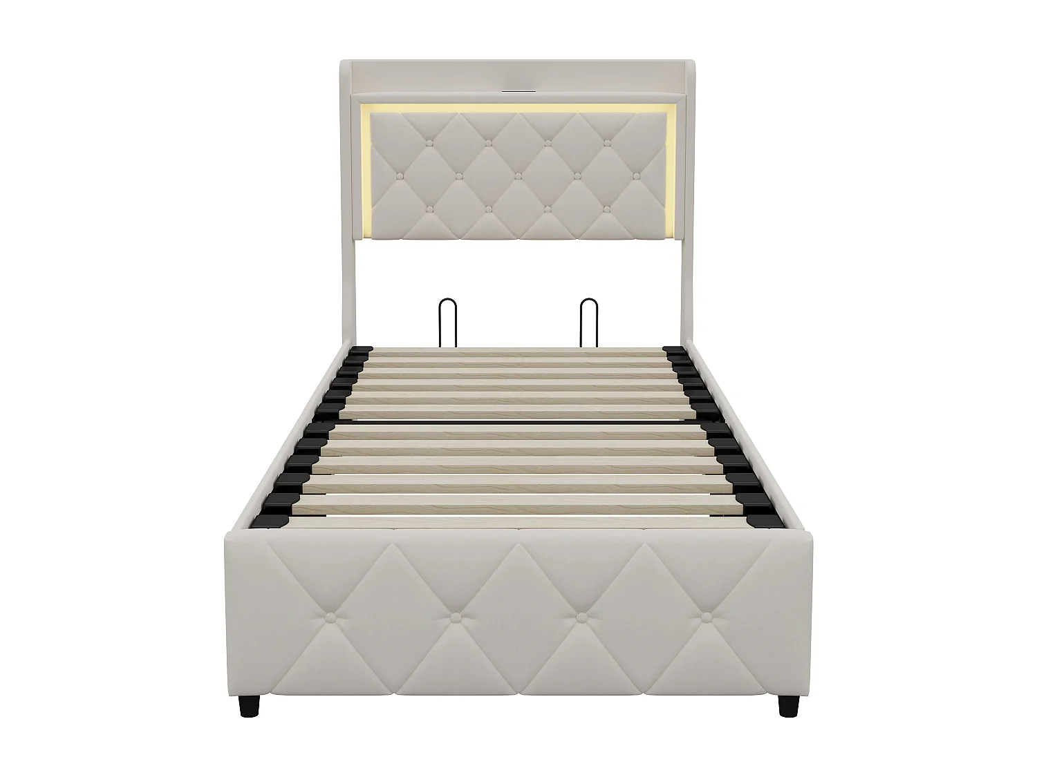 Lit 90x200 cm, Lit coffre hydraulique avec tête de lit LED, Lit simple avec rangement et sommier à lattes, Velours, Beige