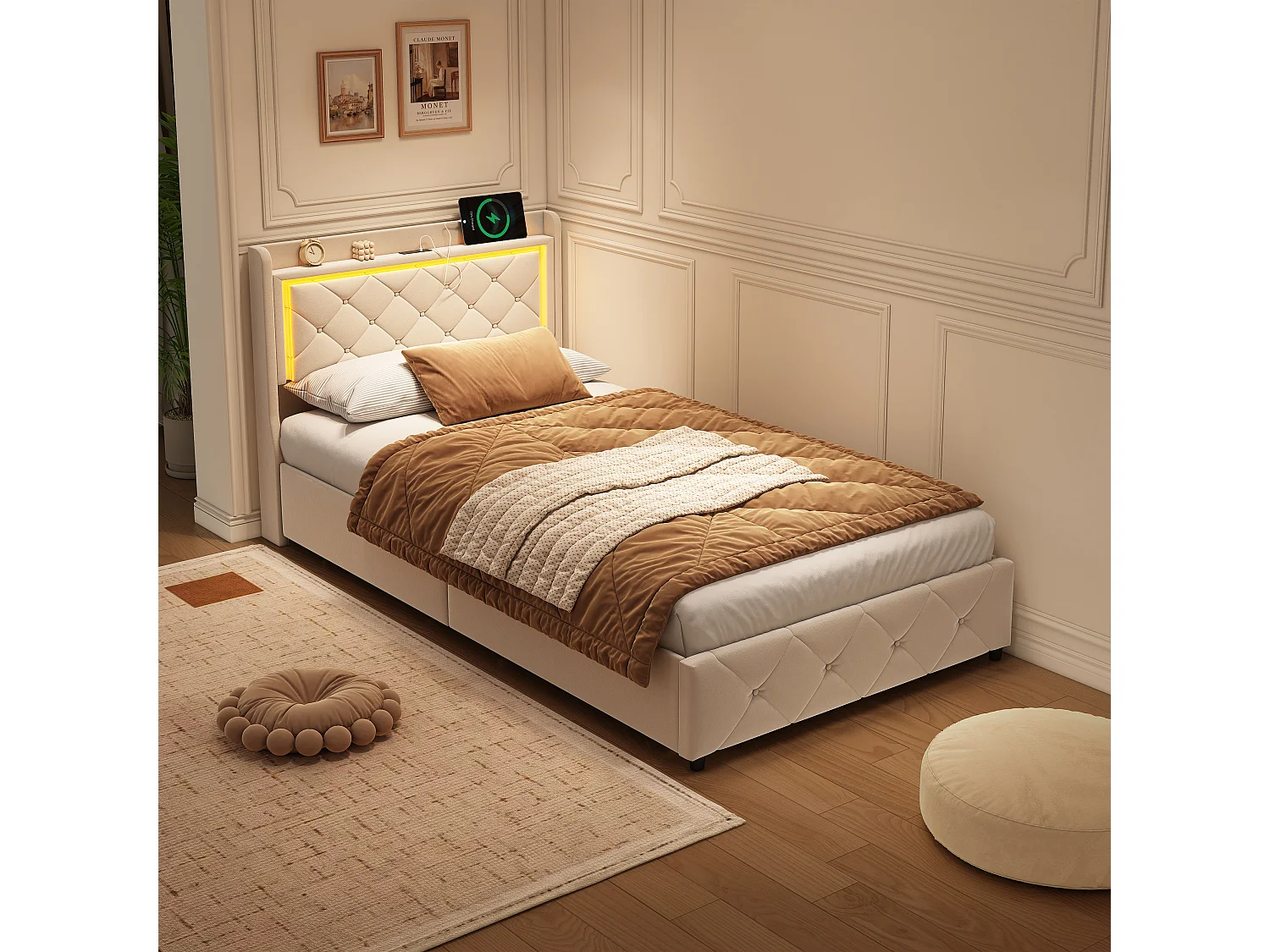 Lit 90x200 cm, Lit coffre hydraulique avec tête de lit LED, Lit simple avec rangement et sommier à lattes, Velours, Beige