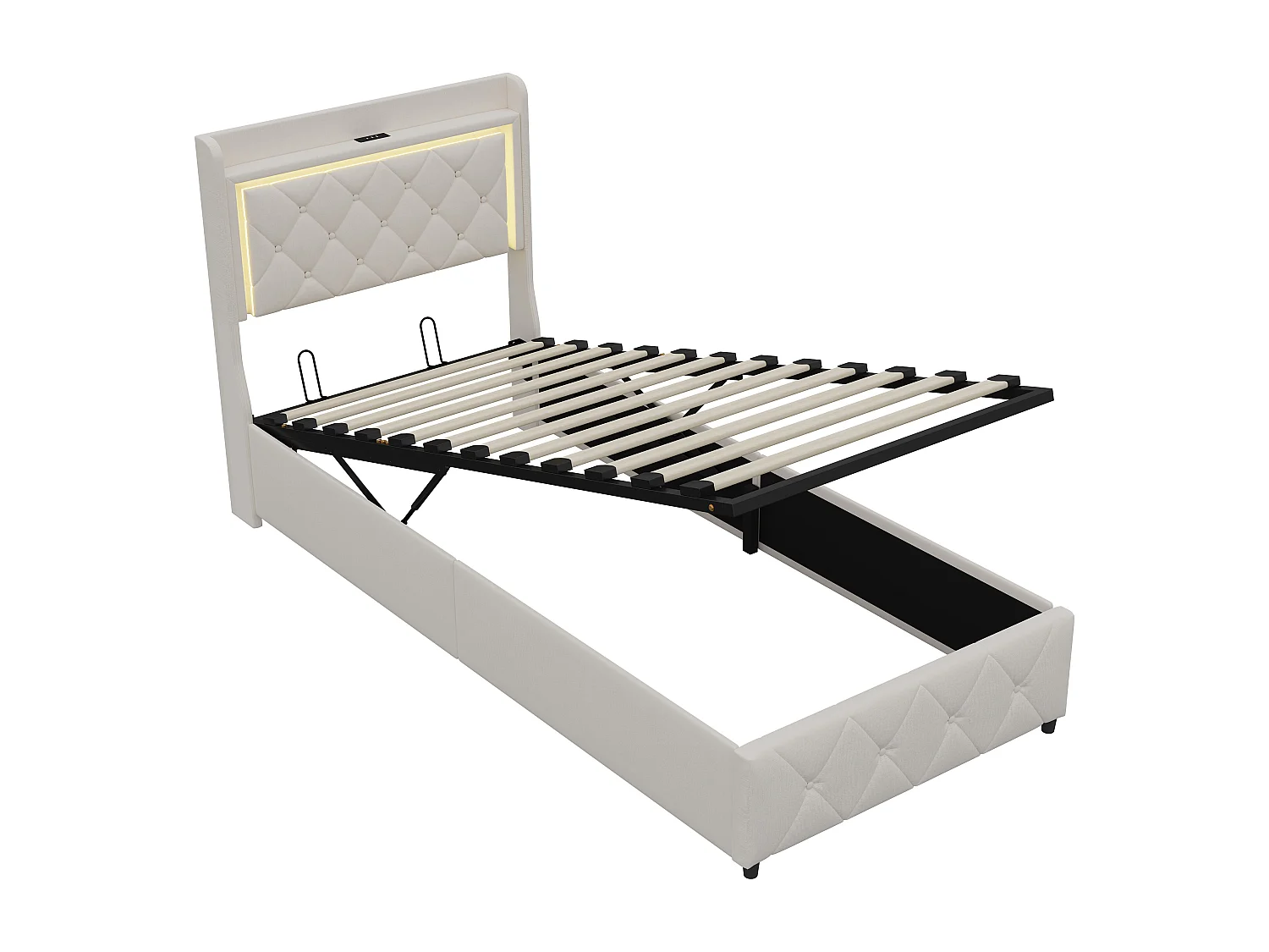 Lit 90x200 cm, Lit coffre hydraulique avec tête de lit LED, Lit simple avec rangement et sommier à lattes, Velours, Beige