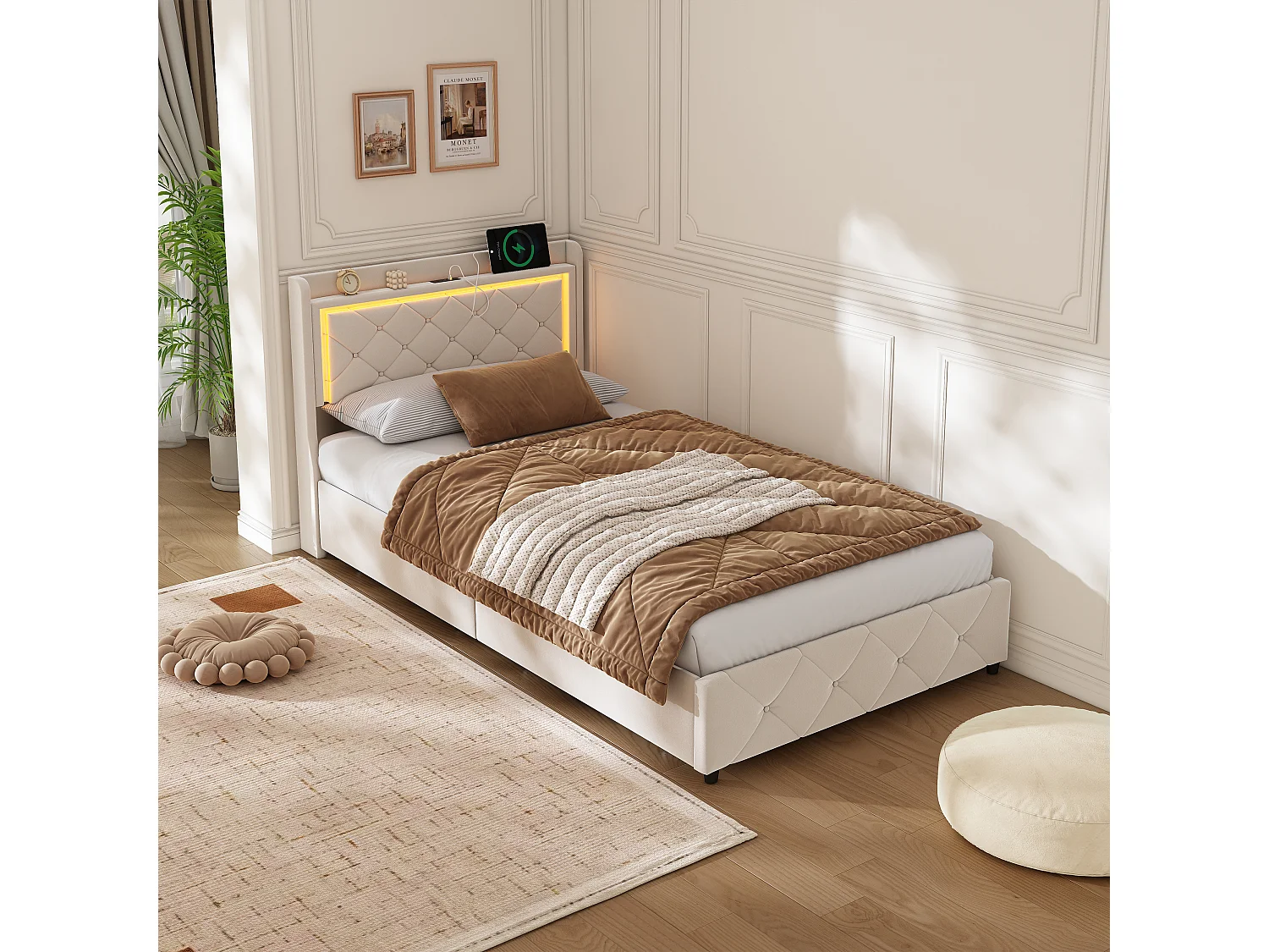 Bed van 90x200 cm, hydraulisch opbergbed met LED-hoofdbord, eenpersoonsbed met opbergruimte en lattenbodem, fluweel, beige