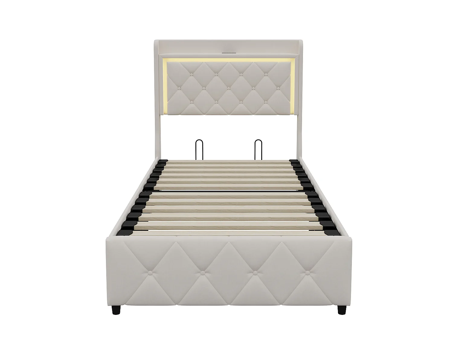 Bed van 90x200 cm, hydraulisch opbergbed met LED-hoofdbord, eenpersoonsbed met opbergruimte en lattenbodem, fluweel, beige