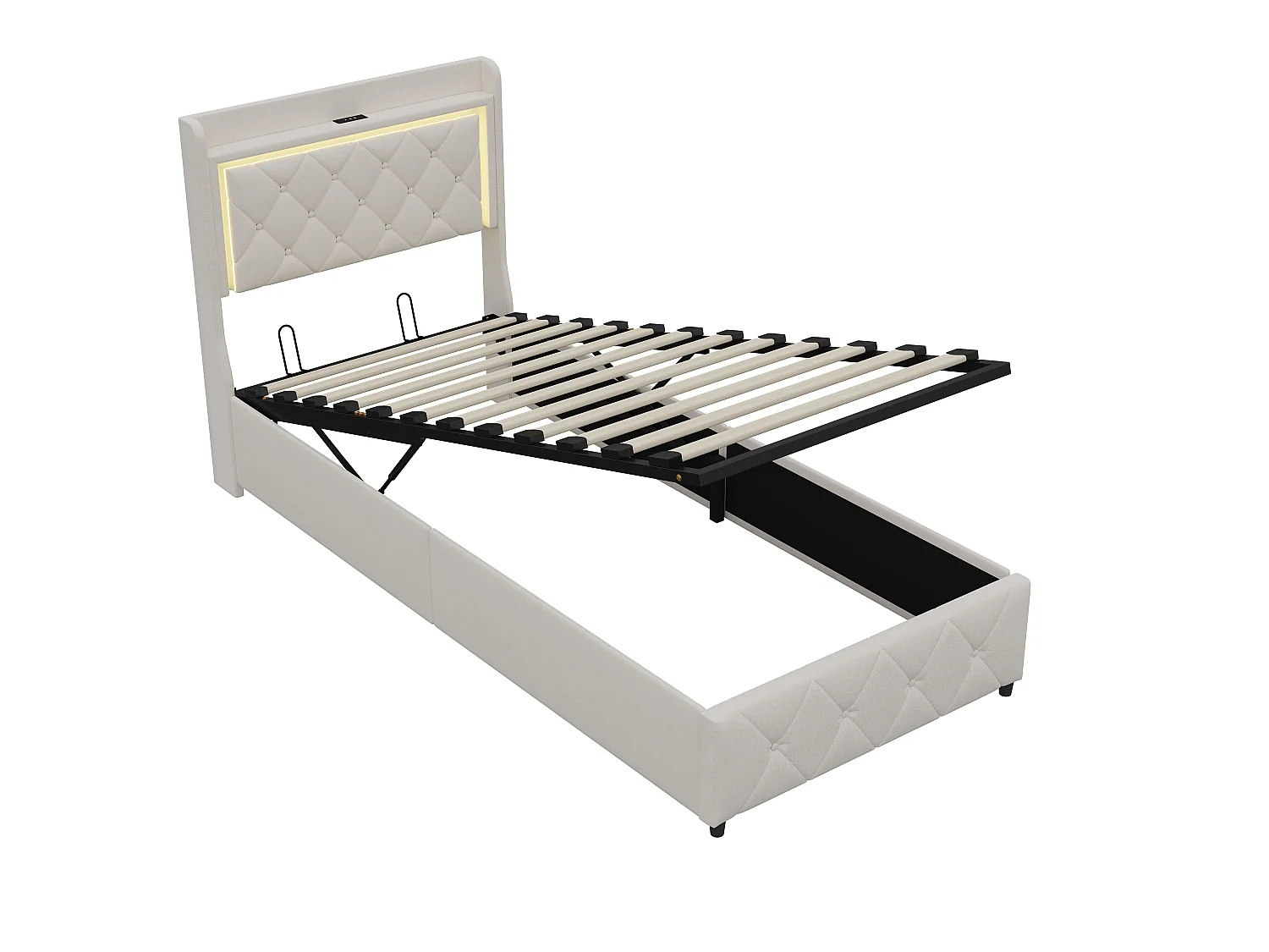 Bed van 90x200 cm, hydraulisch opbergbed met LED-hoofdbord, eenpersoonsbed met opbergruimte en lattenbodem, fluweel, beige