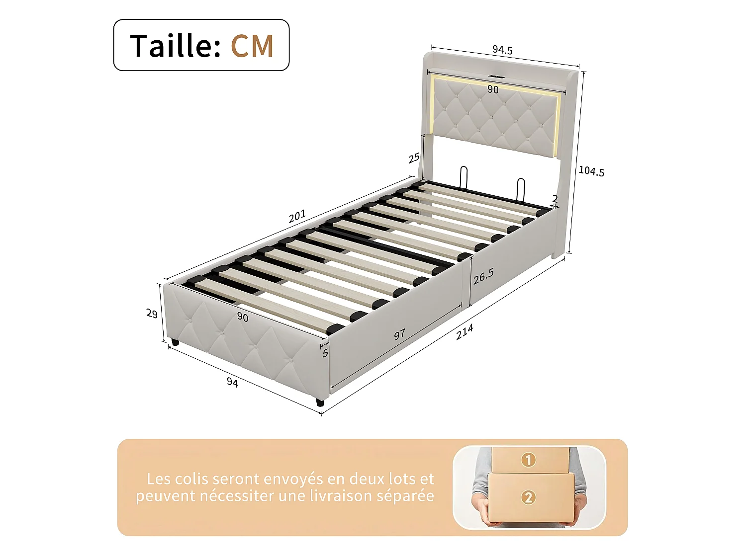 Bed van 90x200 cm, hydraulisch opbergbed met LED-hoofdbord, eenpersoonsbed met opbergruimte en lattenbodem, fluweel, beige