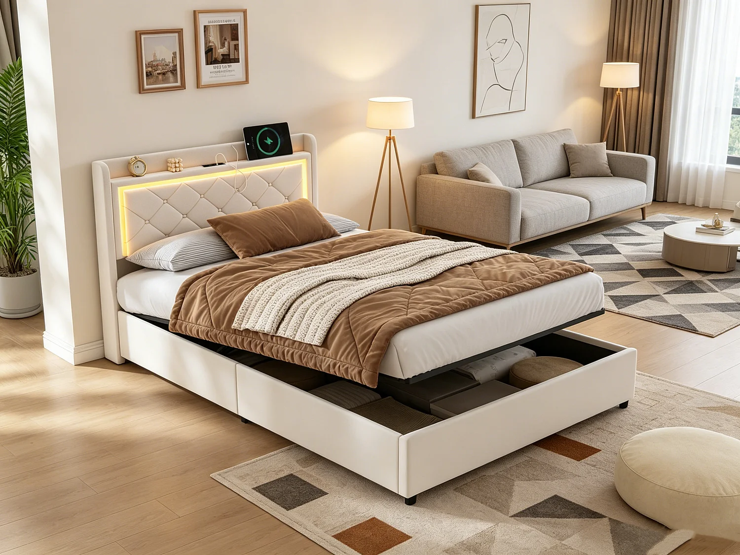Bed van 90x200 cm, hydraulisch opbergbed met LED-hoofdbord, eenpersoonsbed met opbergruimte en lattenbodem, fluweel, beige