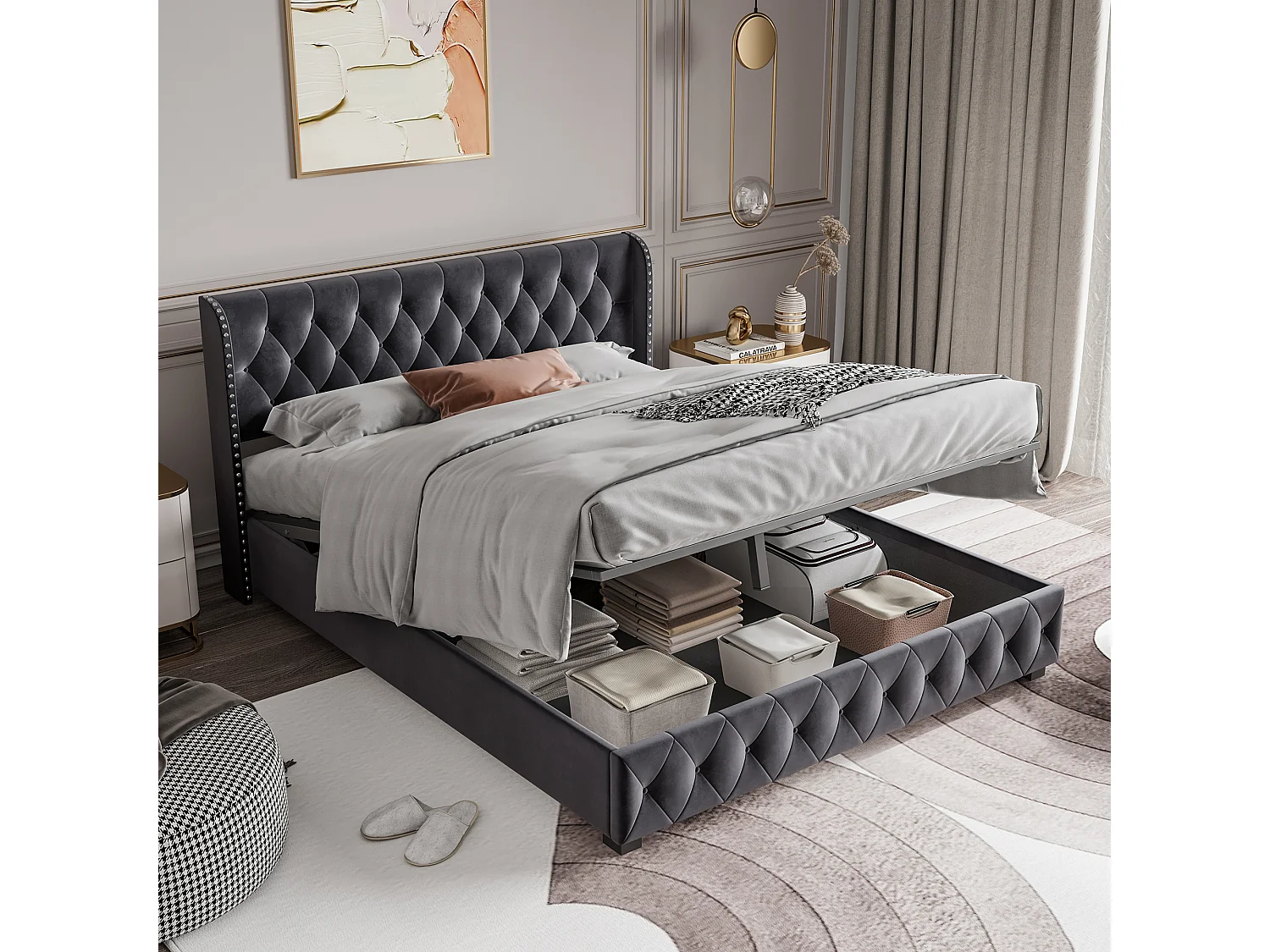 Lit coffre 180 x 200 cm avec sommier à lattes-lit double avec rangement et tête de lit capitonnée-velours-gris