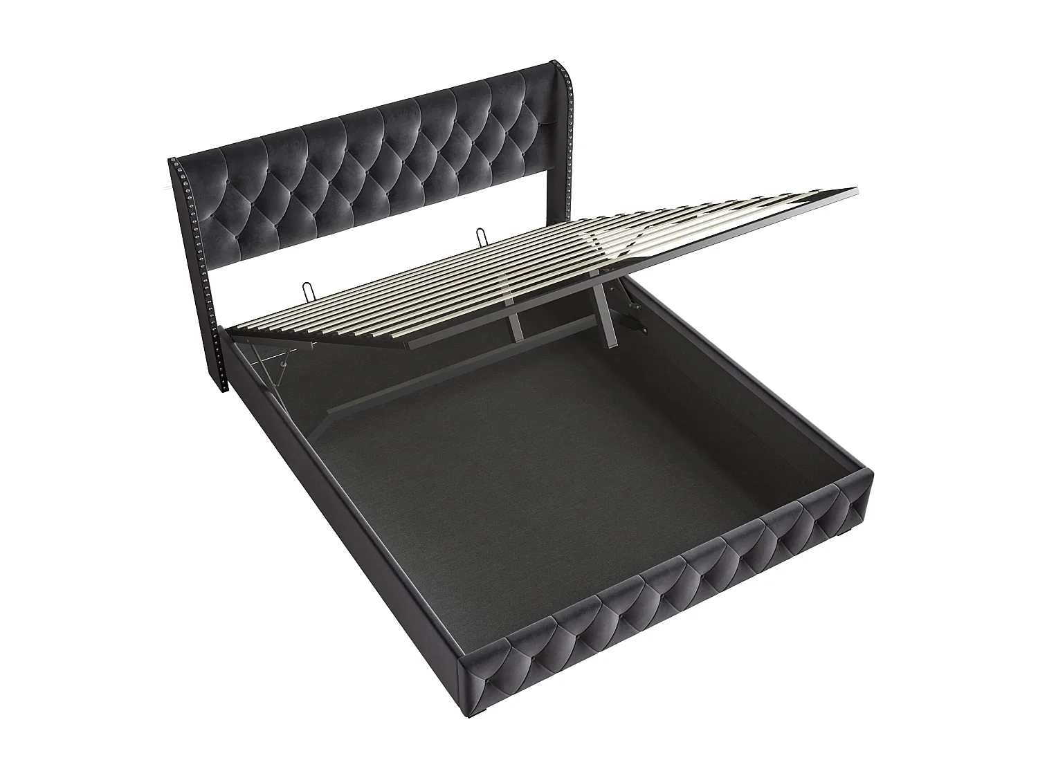 Lit coffre 180 x 200 cm avec sommier à lattes-lit double avec rangement et tête de lit capitonnée-velours-gris