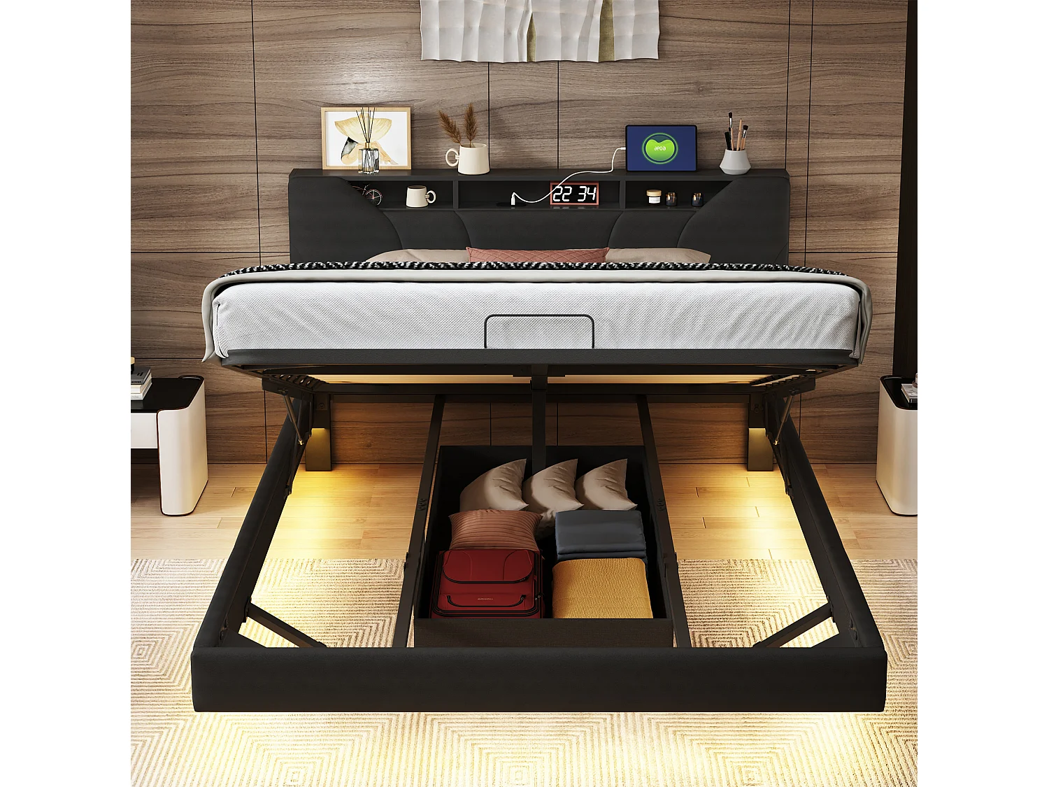 Lit rembourré 140x200cm-cadre de lit double avec ressorts à gaz et sommier à lattes-lit avec barre LED-noir