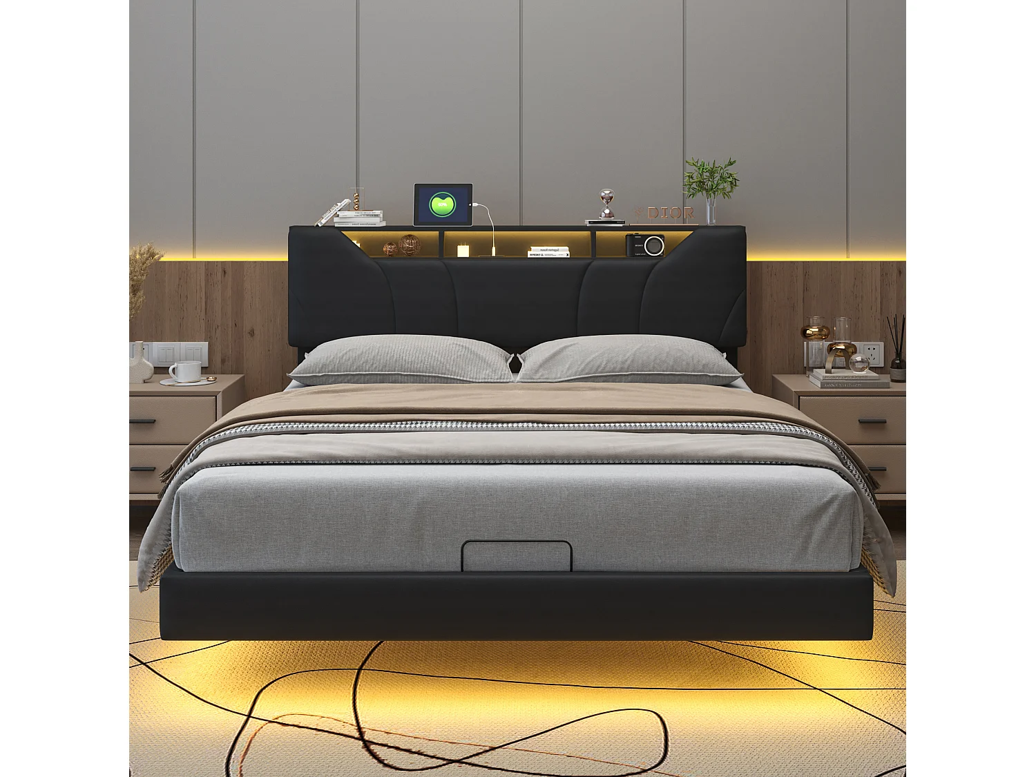 Cama tapizada 140x200cm - estructura de cama doble con resortes de gas y somier de láminas - cama con barra de luz LED - color negro