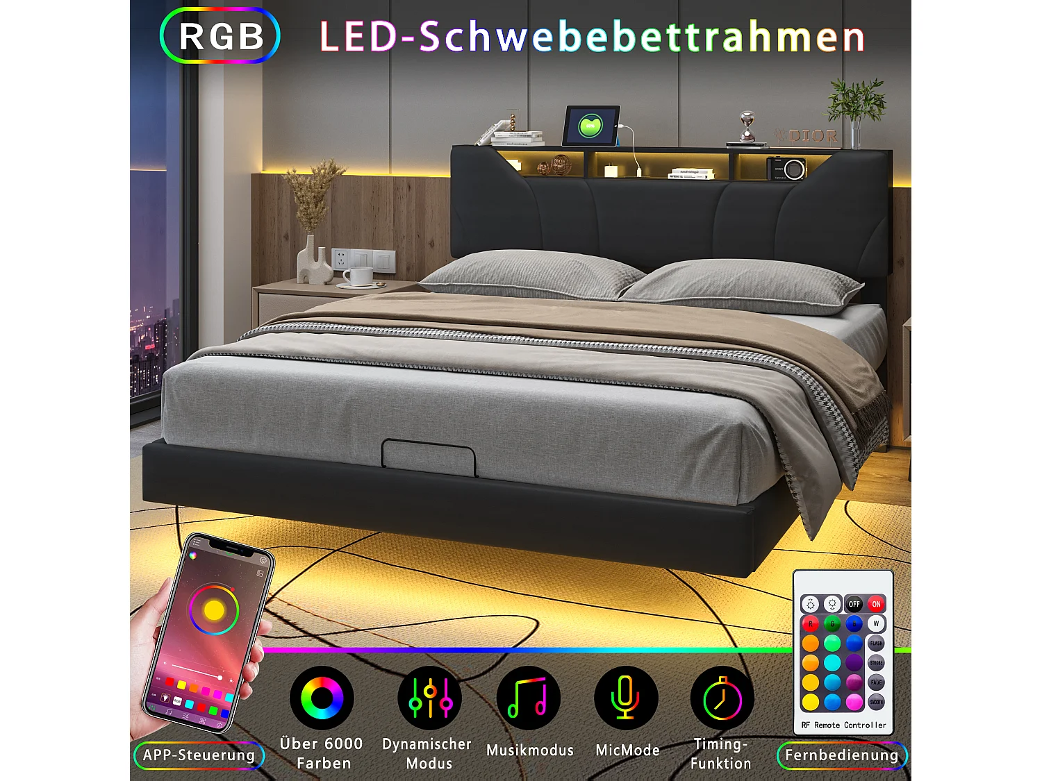 Cama tapizada 140x200cm - estructura de cama doble con resortes de gas y somier de láminas - cama con barra de luz LED - color negro