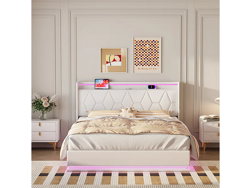 Lit Coffre 160x200 cm-Lit avec Sommier et Rangement Hydraulique-Lit Double avec LED et Port USB-Velours