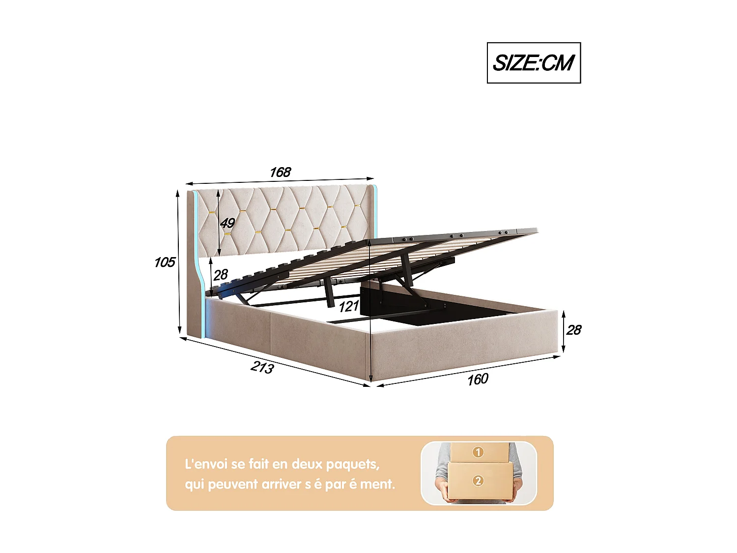 Lit 160 x 200 cm-lit double avec sommier à lattes-rangements-vérin à gaz et bandes LED de chaque côté de la tête de lit-velours-beige