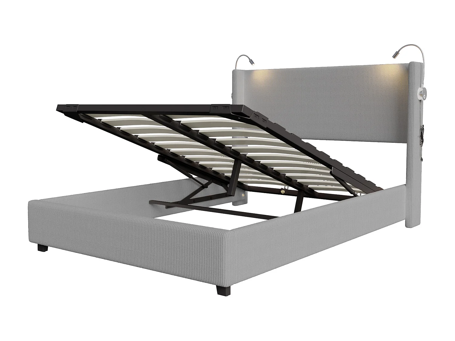 Tweepersoonsbed 140x200 cm - hydraulisch bed met leeslampje en verstelbaar hoofdeinde - leeslampje met oplaadpoort in het hoofdeinde, grijs