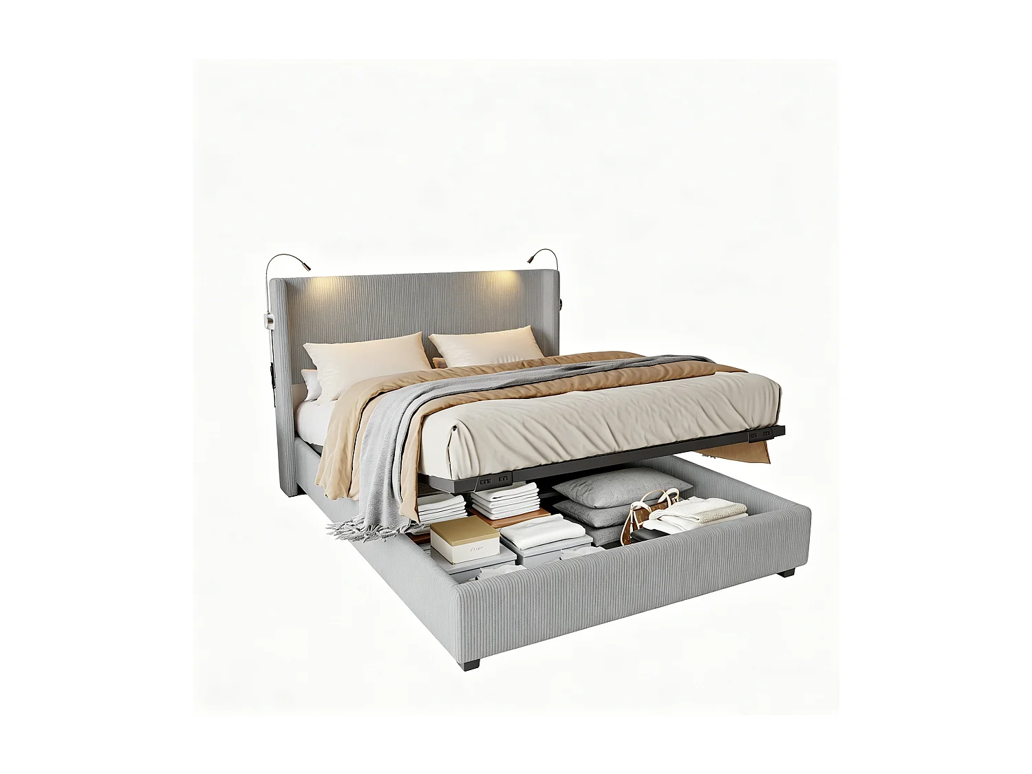 Tweepersoonsbed 140x200 cm - hydraulisch bed met leeslampje en verstelbaar hoofdeinde - leeslampje met oplaadpoort in het hoofdeinde, grijs