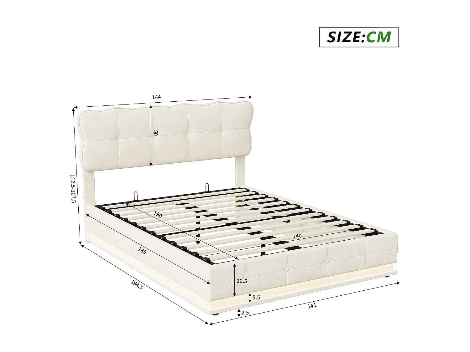 Tweepersoonsbed 140 x 190 cm - met ledstrip en opbergfunctie met gasveer - opbergbed - beige fluweel
