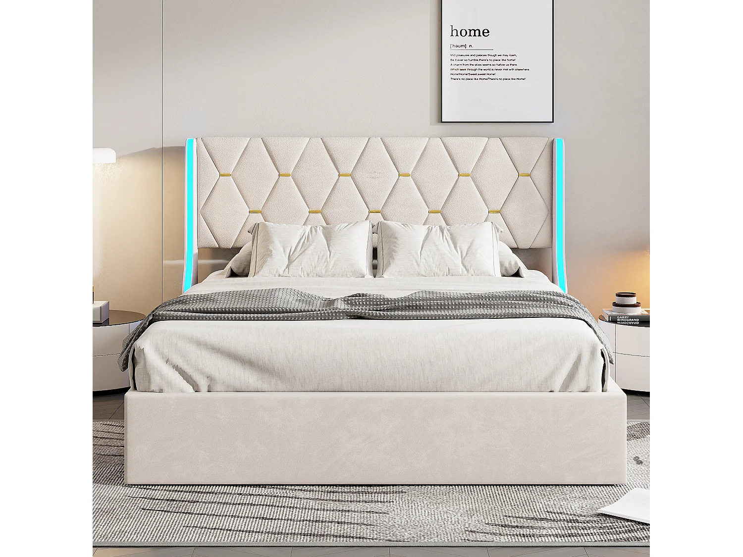 Lit 140 x 200 cm-lit double avec sommier à lattes-rangements-vérin à gaz et bandes LED de chaque côté de la tête de lit-velours-beige