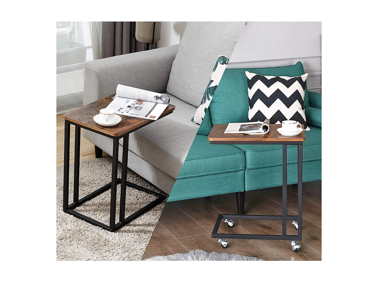 Table basse Valora sur roulettes, style rustique, marron et noir