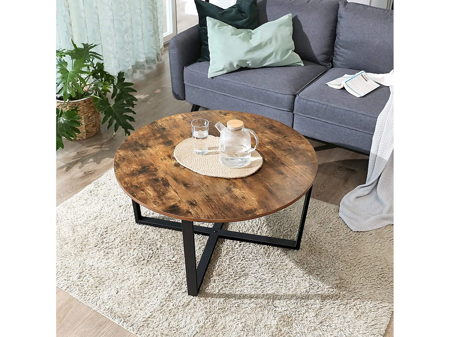 Table basse ronde Valora LCT88X, panneau de particules brun rustique, acier