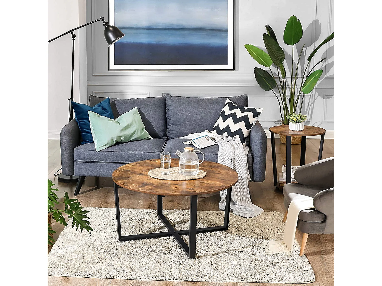 Table basse ronde Valora LCT88X, panneau de particules brun rustique, acier