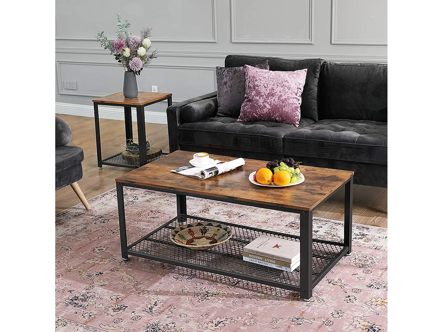 Table basse Valora LCT61X, étagère en aggloméré brun rustique et métal