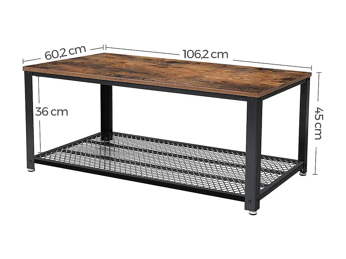 Table basse Valora LCT61X, étagère en aggloméré brun rustique et métal