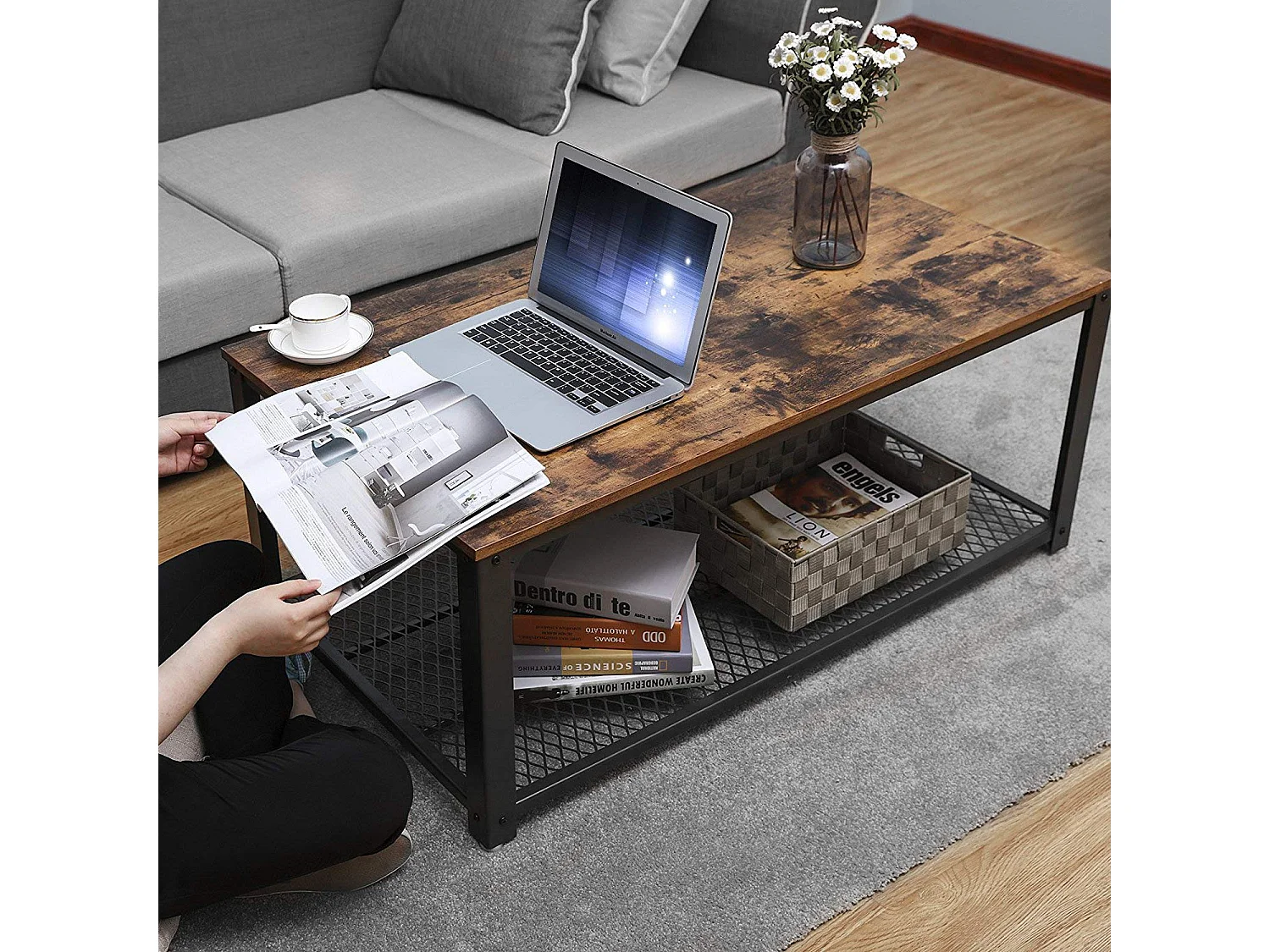 Table basse Valora LCT61X, étagère en aggloméré brun rustique et métal