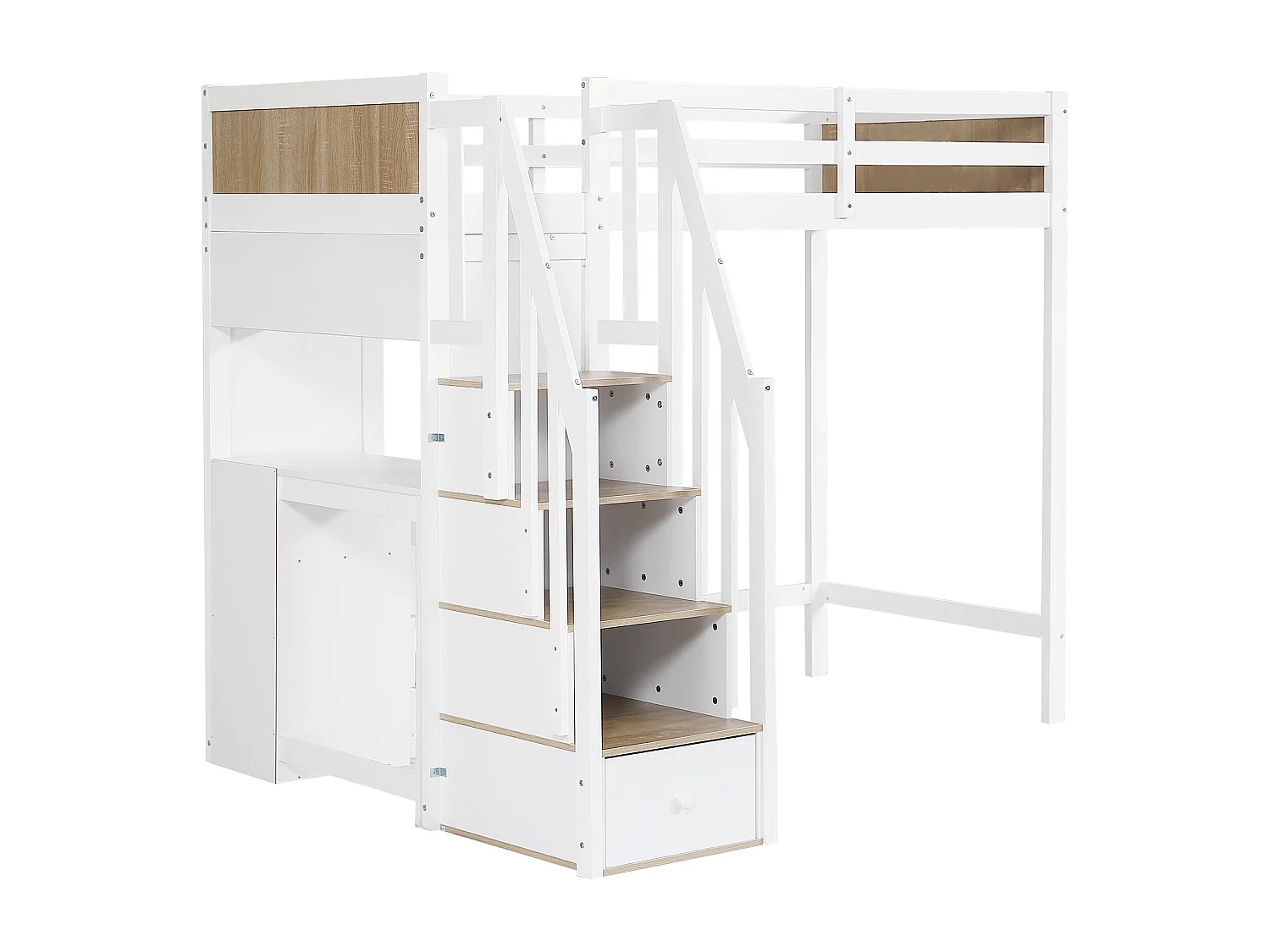 Litera infantil (90x200 cm) con barandillas, escritorio con 3 cajones y escalera – Madera de pino/MDF, blanca y natural