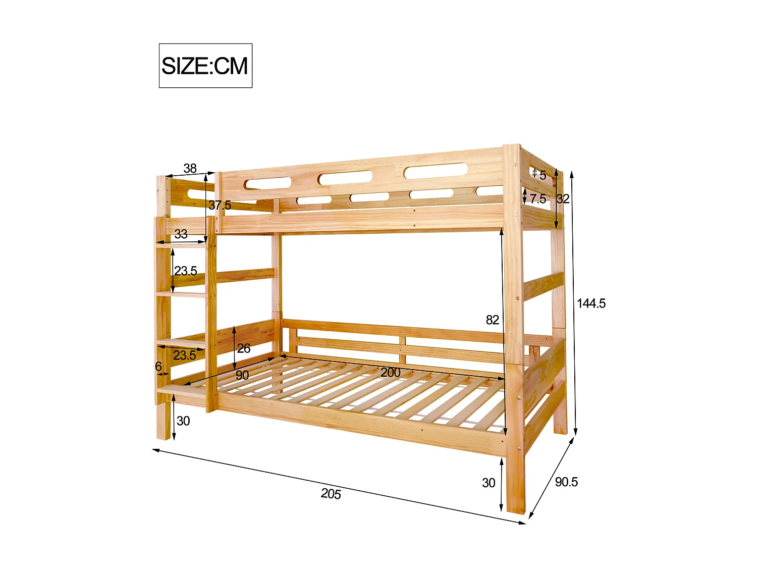 Stapelbed 90x200 cm in natuurlijk grenen voor kinderen en tieners, demonteerbaar tot 2 eenpersoonsbedden, stabiele constructie en eenvoudige montage