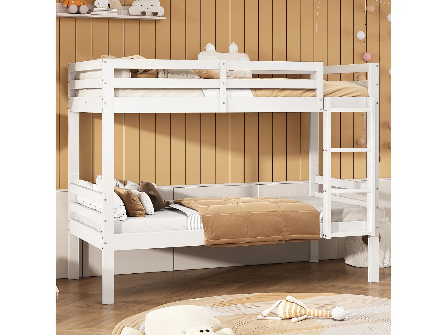 Litera infantil de 90x200 cm en pino blanco, con escalera esquinera de 3 peldaños y barandilla de seguridad, convertible en 2 camas individuales.